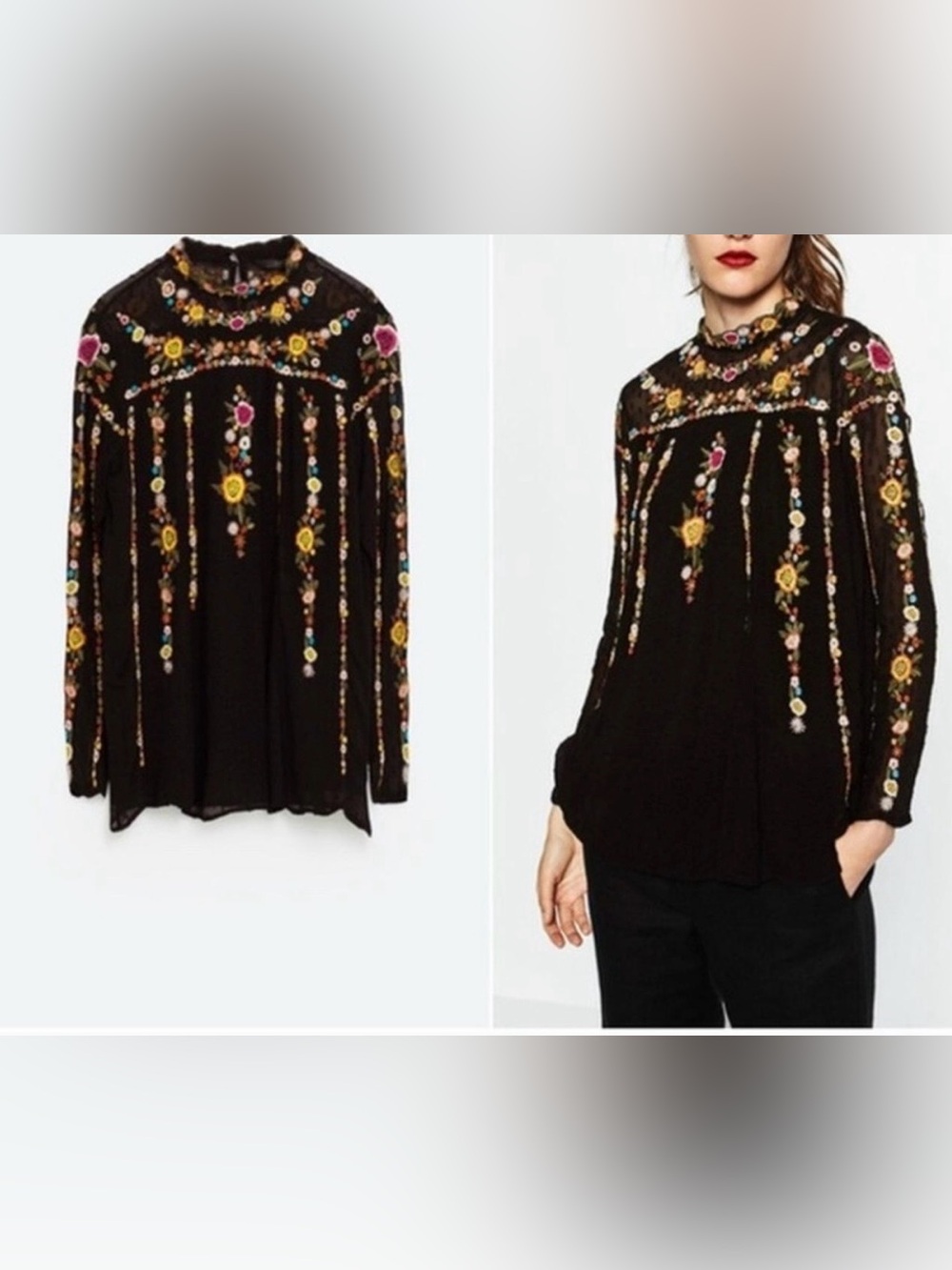 Zara Black Boho Floral Embroidery Sheer Swiss Dot Long Sleeve Blouse M